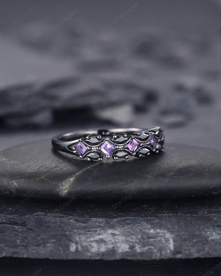 Black Gold Square Amethyst and Black Marquise Moissanite Wedding Band, Black Engagement Ring, Gothic Anniversary Promise Ring Matching Band - ShainJewelry