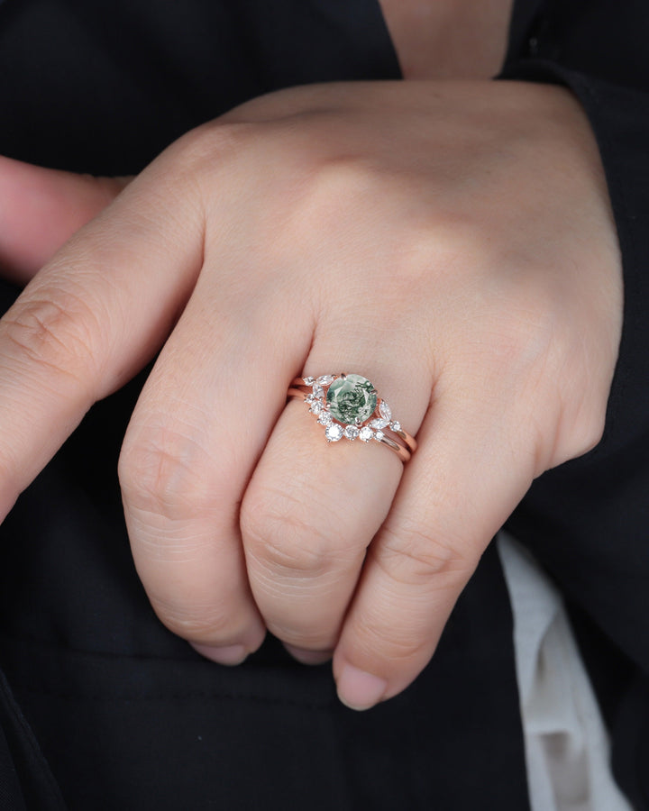 Vintage Moss Agate Engagement Ring Set, 14K Rose Gold Round Cut Moss Agate and Moissanite Promise Wedding Ring Gift, Bridal Set for her - ShainJewelry