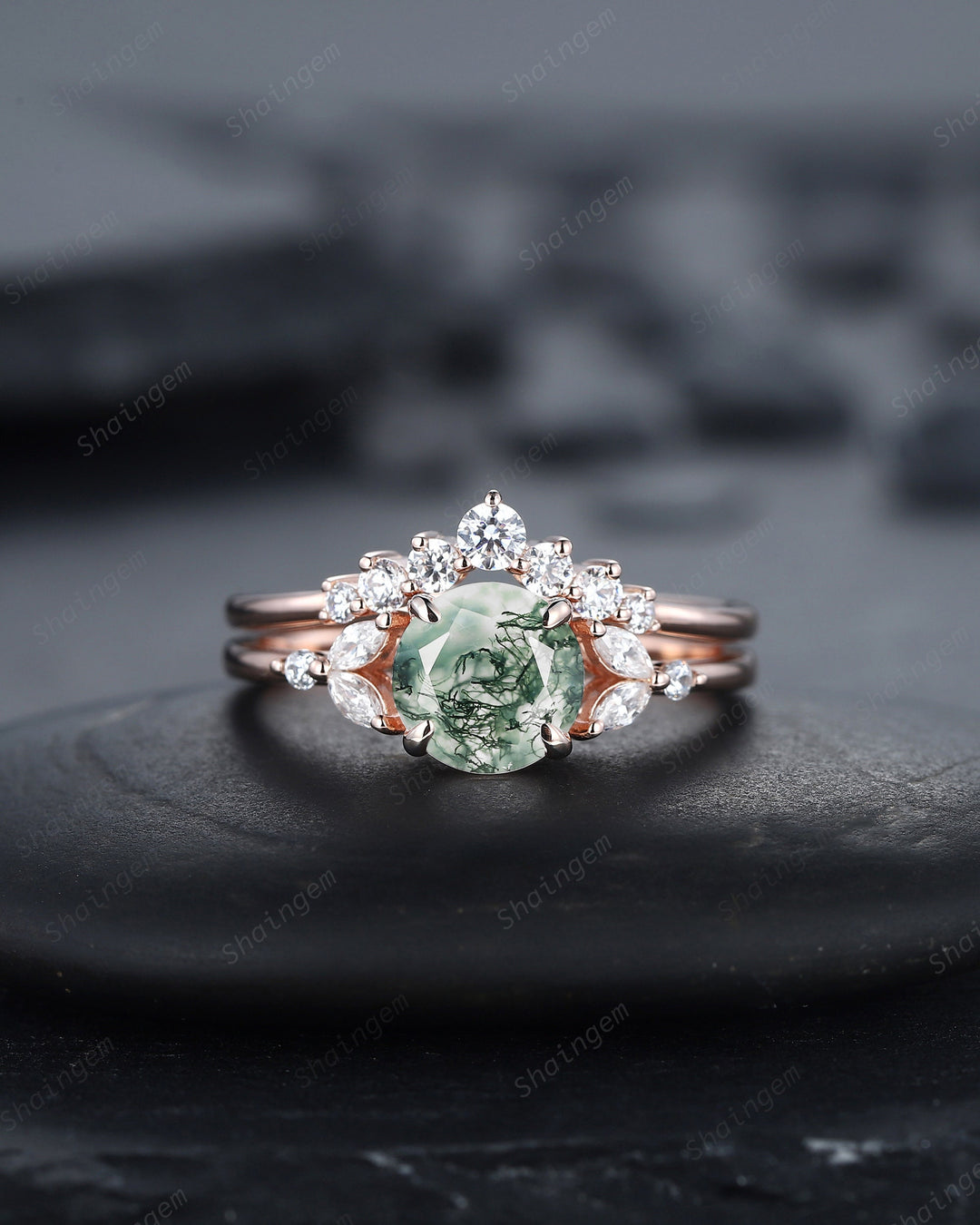 Vintage Moss Agate Engagement Ring Set, 14K Rose Gold Round Cut Moss Agate and Moissanite Promise Wedding Ring Gift, Bridal Set for her - ShainJewelry
