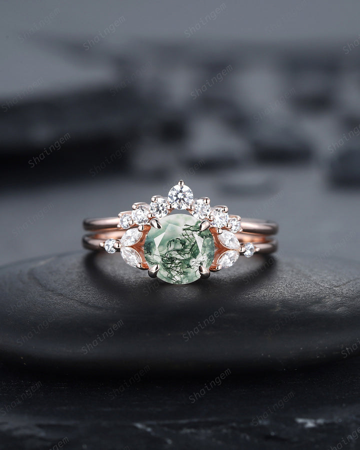 Vintage Moss Agate Engagement Ring Set, 14K Rose Gold Round Cut Moss Agate and Moissanite Promise Wedding Ring Gift, Bridal Set for her - ShainJewelry