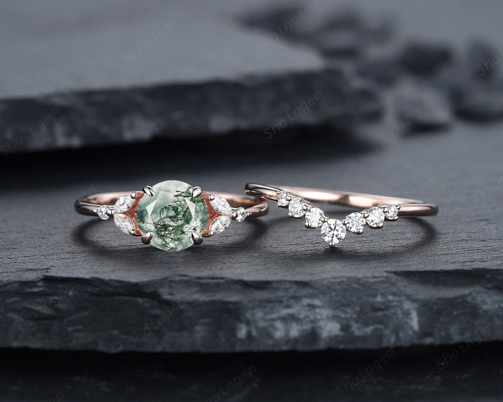 Vintage Moss Agate Engagement Ring Set, 14K Rose Gold Round Cut Moss Agate and Moissanite Promise Wedding Ring Gift, Bridal Set for her - ShainJewelry