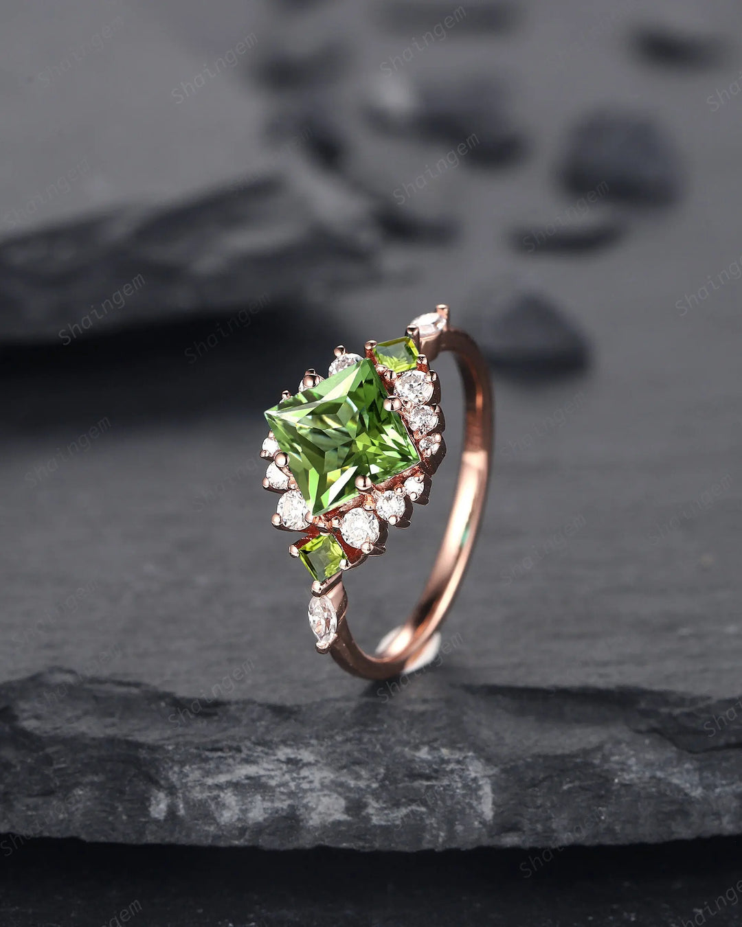 Vintage Princess Cut Peridot Floral Engagement Ring, Rose Gold Cluster Peridot Wedding Ring, Unique Promise Anniversary Ring Gift for Women - ShainJewelry