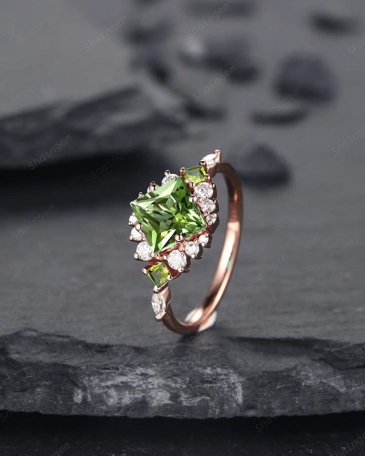Vintage Princess Cut Peridot Floral Engagement Ring, Rose Gold Cluster Peridot Wedding Ring, Unique Promise Anniversary Ring Gift for Women - ShainJewelry