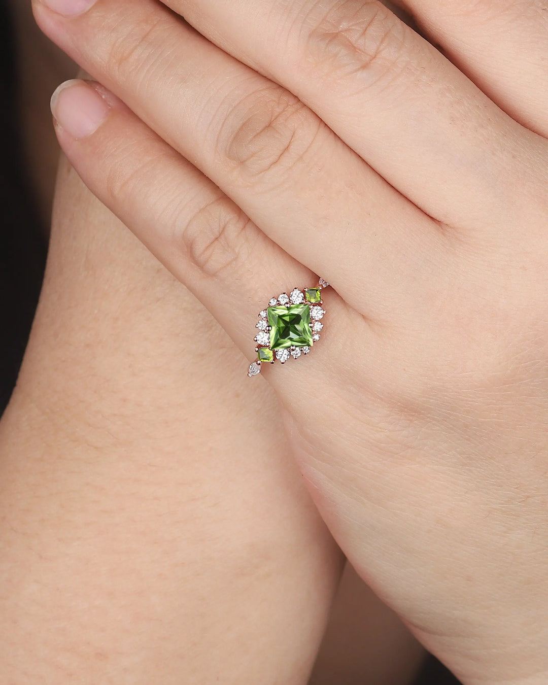 Vintage Princess Cut Peridot Floral Engagement Ring, Rose Gold Cluster Peridot Wedding Ring, Unique Promise Anniversary Ring Gift for Women - ShainJewelry