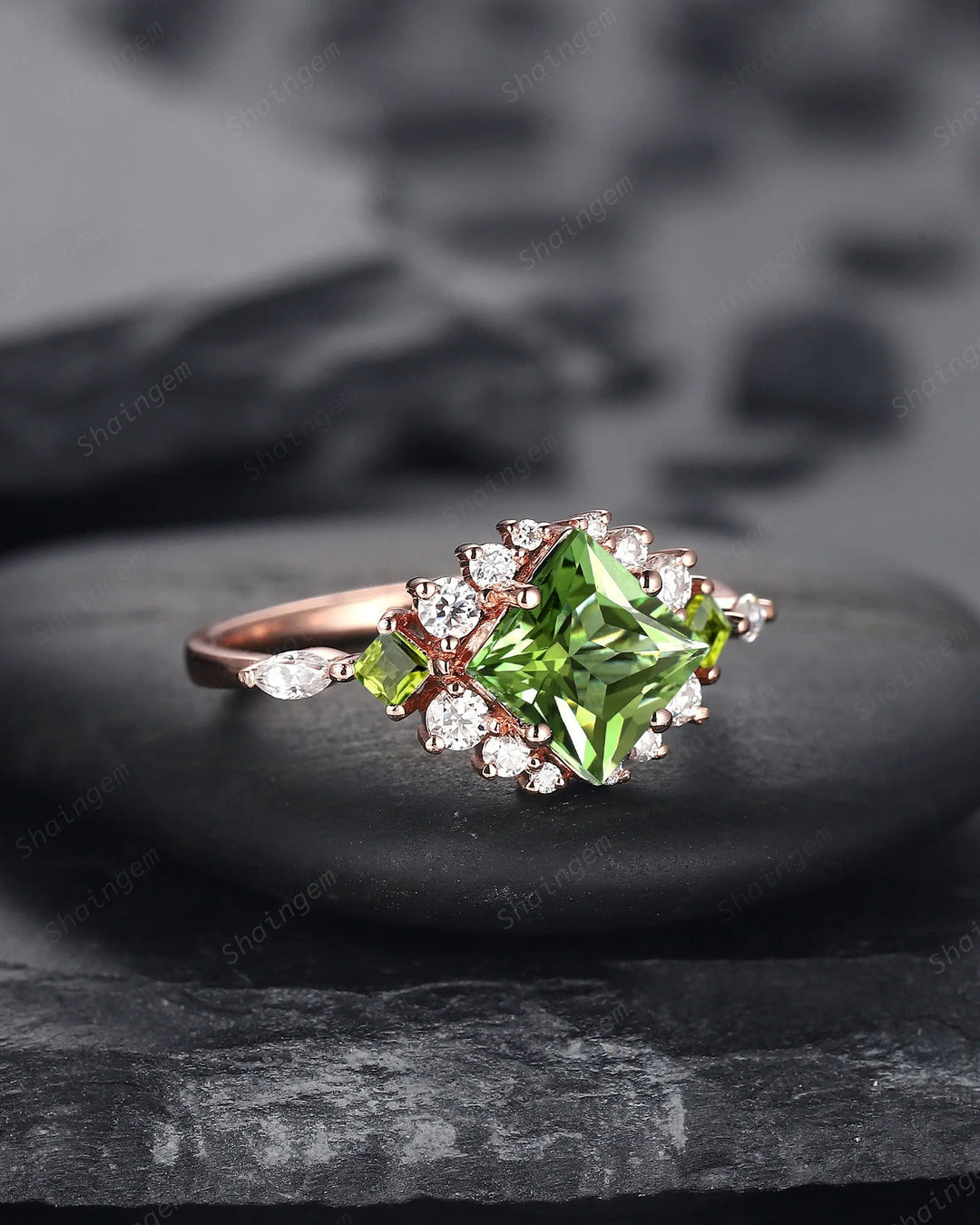 Vintage Princess Cut Peridot Floral Engagement Ring, Rose Gold Cluster Peridot Wedding Ring, Unique Promise Anniversary Ring Gift for Women - ShainJewelry