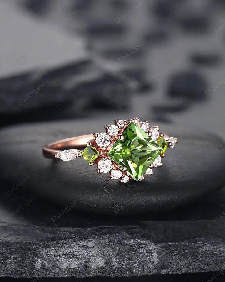 Vintage Princess Cut Peridot Floral Engagement Ring, Rose Gold Cluster Peridot Wedding Ring, Unique Promise Anniversary Ring Gift for Women - ShainJewelry