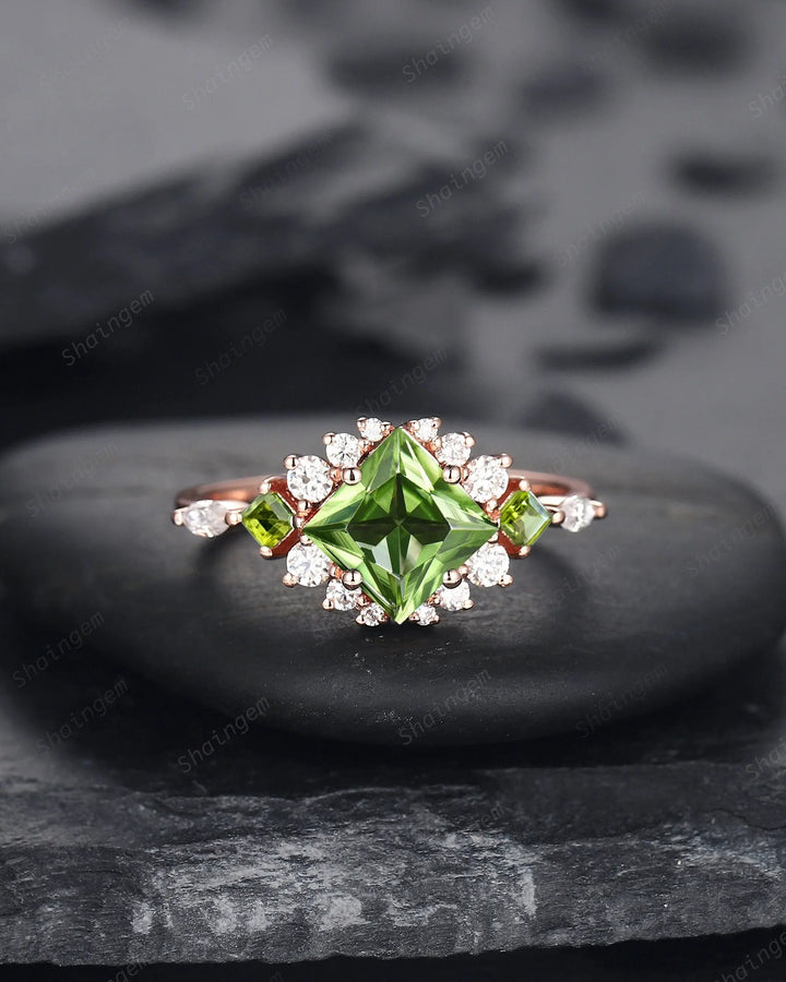 Vintage Princess Cut Peridot Floral Engagement Ring, Rose Gold Cluster Peridot Wedding Ring, Unique Promise Anniversary Ring Gift for Women - ShainJewelry