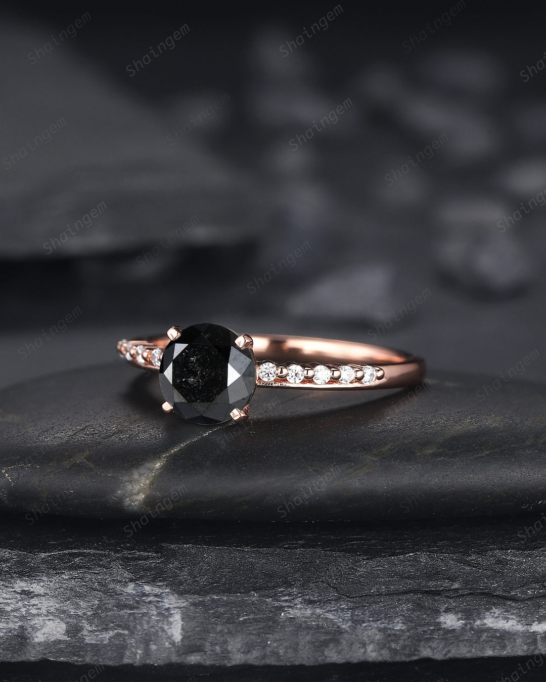 1.5 CT Natural Black Diamond Engagement Ring, Round Shape Diamond Promise Ring Diamond Wedding Ring 18K Rose Gold Anniversary Ring for Women - ShainJewelry