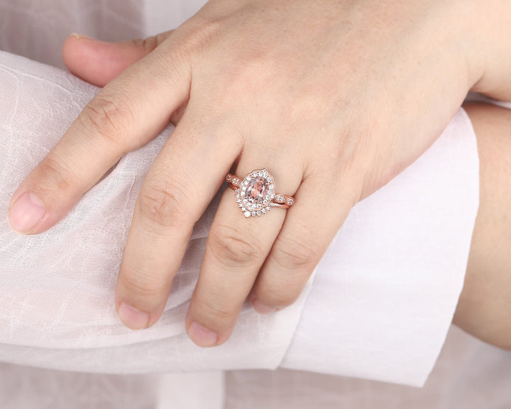 Vintage Oval Shape Pink Morganite and Diamond Engagement Ring Set, 14K Rose Gold Morganite Wedding Set, Floral Halo Morganite Promise Ring - ShainJewelry