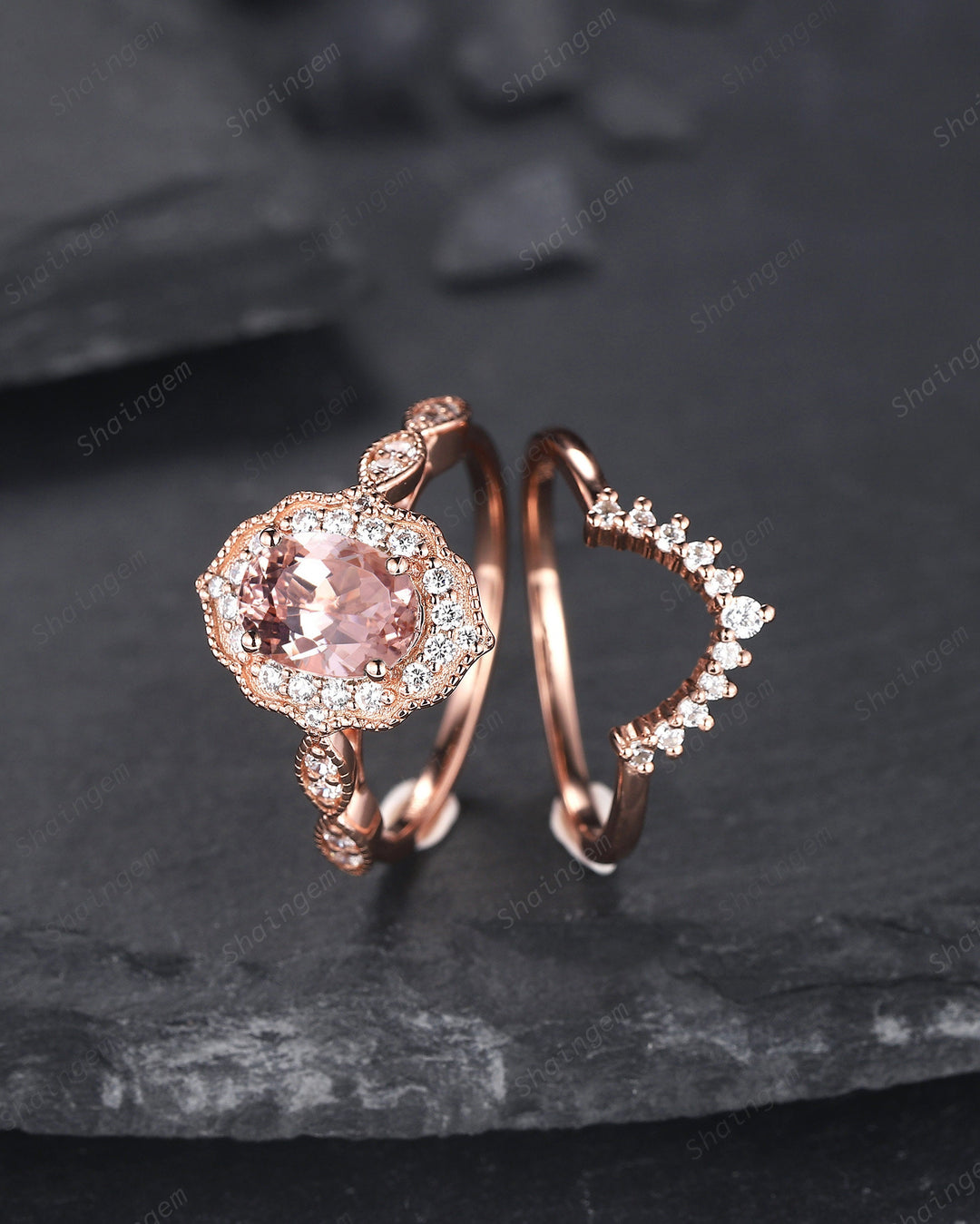 Vintage Oval Shape Pink Morganite and Diamond Engagement Ring Set, 14K Rose Gold Morganite Wedding Set, Floral Halo Morganite Promise Ring - ShainJewelry