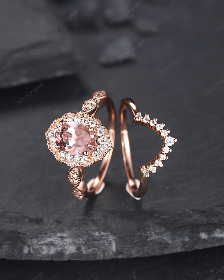Vintage Oval Shape Pink Morganite and Diamond Engagement Ring Set, 14K Rose Gold Morganite Wedding Set, Floral Halo Morganite Promise Ring - ShainJewelry
