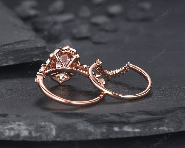 Vintage Oval Shape Pink Morganite and Diamond Engagement Ring Set, 14K Rose Gold Morganite Wedding Set, Floral Halo Morganite Promise Ring - ShainJewelry