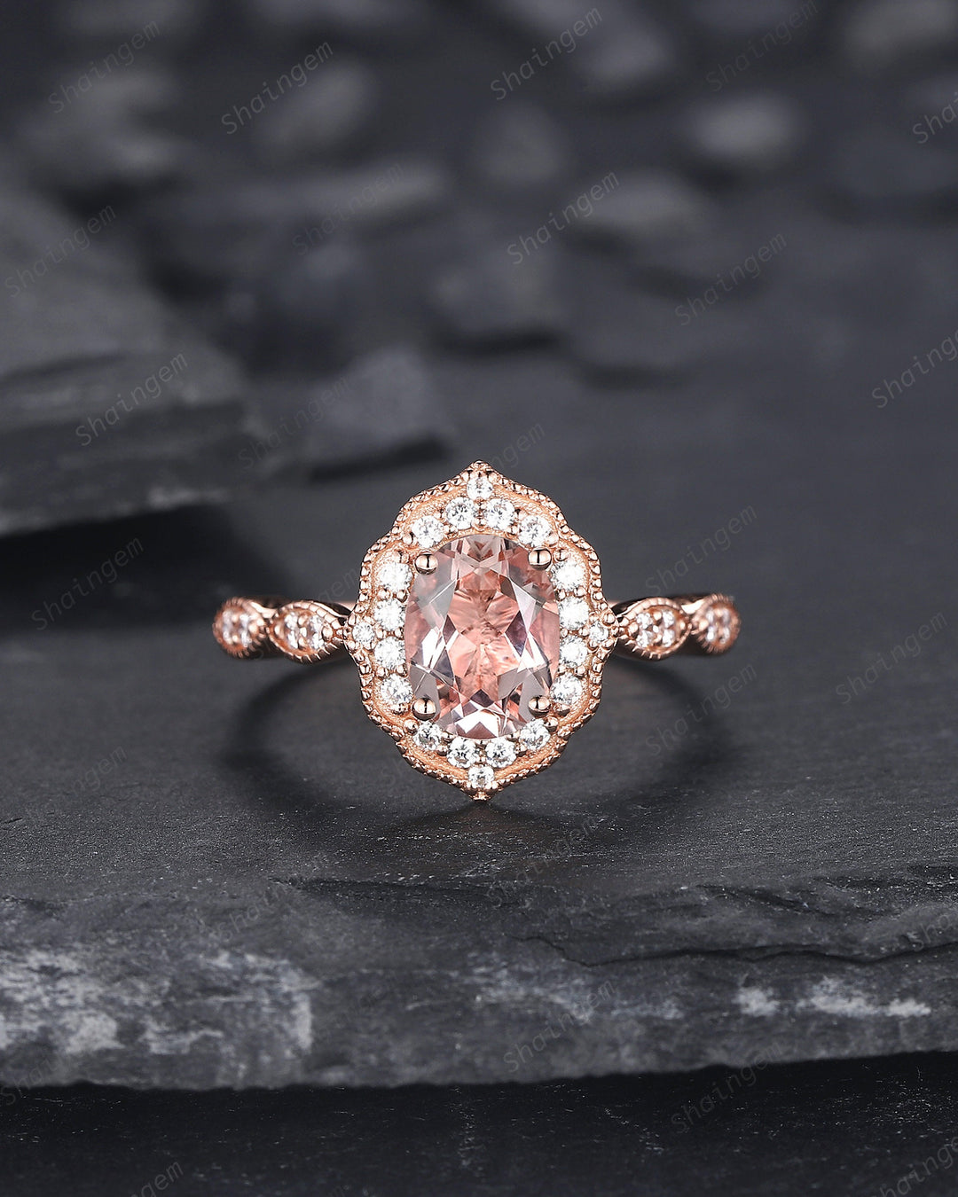 Vintage Oval Shape Pink Morganite and Diamond Engagement Ring Set, 14K Rose Gold Morganite Wedding Set, Floral Halo Morganite Promise Ring - ShainJewelry