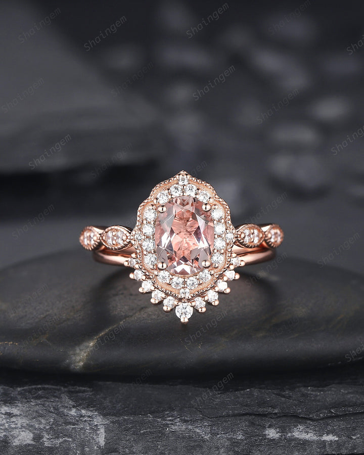 Vintage Oval Shape Pink Morganite and Diamond Engagement Ring Set, 14K Rose Gold Morganite Wedding Set, Floral Halo Morganite Promise Ring - ShainJewelry