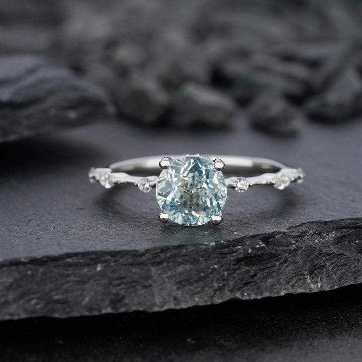 Vintage Natural Blue Aquamarine Engagement Ring, Round Cut March Birthstone 14k White Gold Anniversary Ring Unique Promise Wedding Ring Gift - ShainJewelry