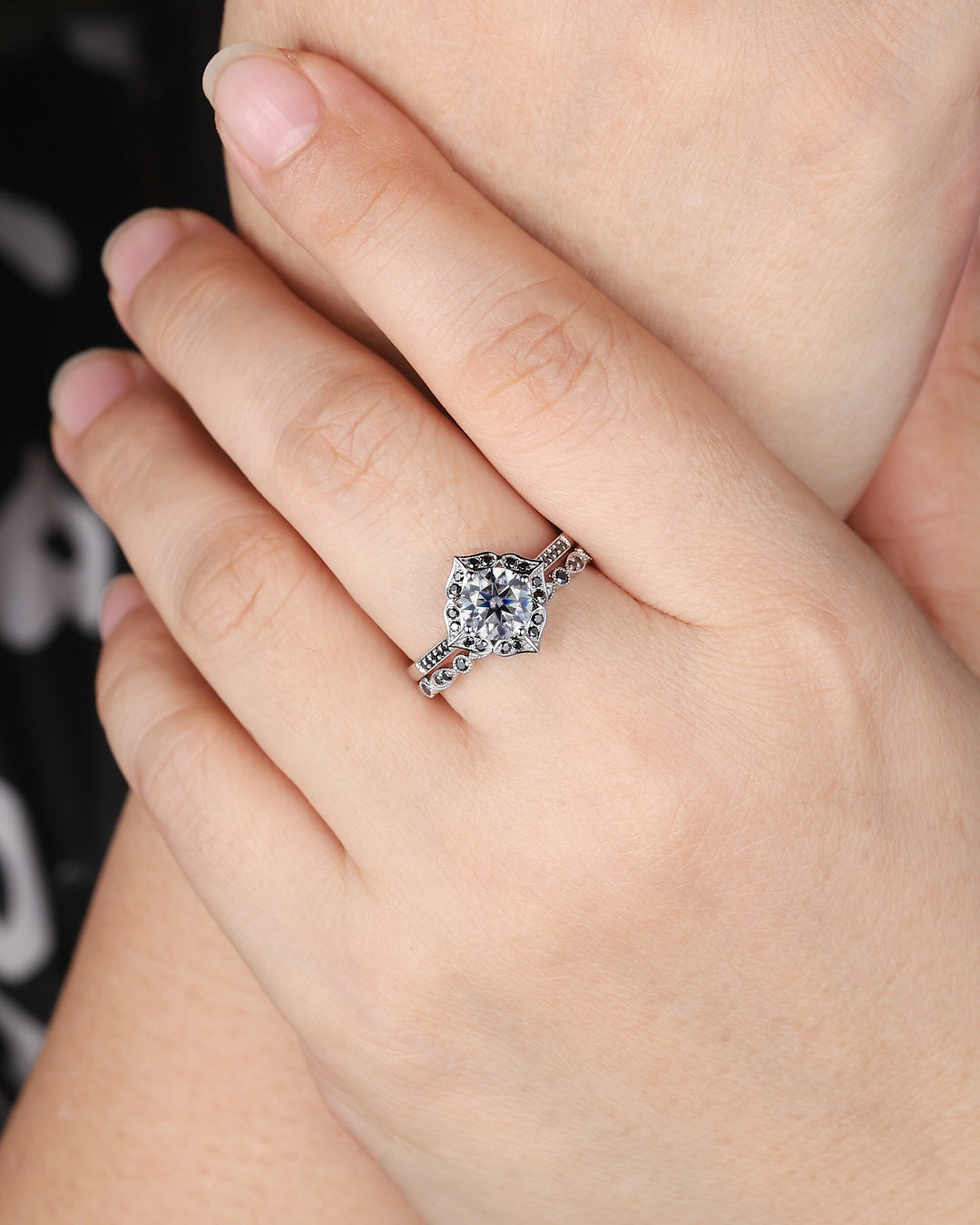 Vintage Round Cut Gray Moissanite Engagement Ring Set, Vintage White Gold Black Moissanite Halo Promise Wedding Ring Bridal Set, Floral Ring - ShainJewelry