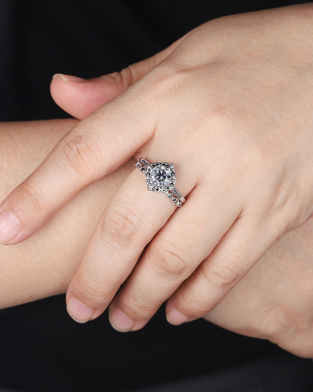 Vintage Round Cut Gray Moissanite Engagement Ring Set, Vintage White Gold Black Moissanite Halo Promise Wedding Ring Bridal Set, Floral Ring - ShainJewelry