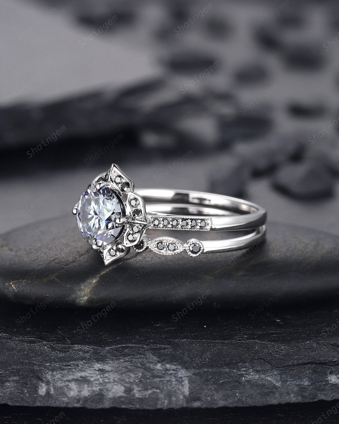 Vintage Round Cut Gray Moissanite Engagement Ring Set, Vintage White Gold Black Moissanite Halo Promise Wedding Ring Bridal Set, Floral Ring - ShainJewelry