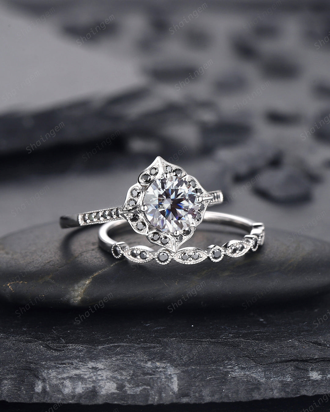 Vintage Round Cut Gray Moissanite Engagement Ring Set, Vintage White Gold Black Moissanite Halo Promise Wedding Ring Bridal Set, Floral Ring - ShainJewelry