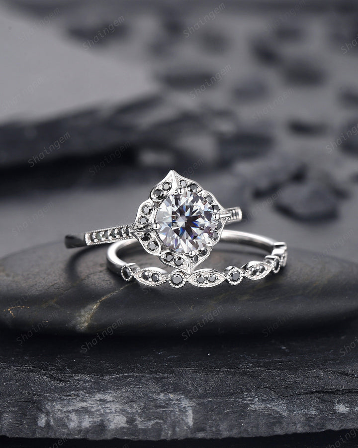 Vintage Round Cut Gray Moissanite Engagement Ring Set, Vintage White Gold Black Moissanite Halo Promise Wedding Ring Bridal Set, Floral Ring - ShainJewelry