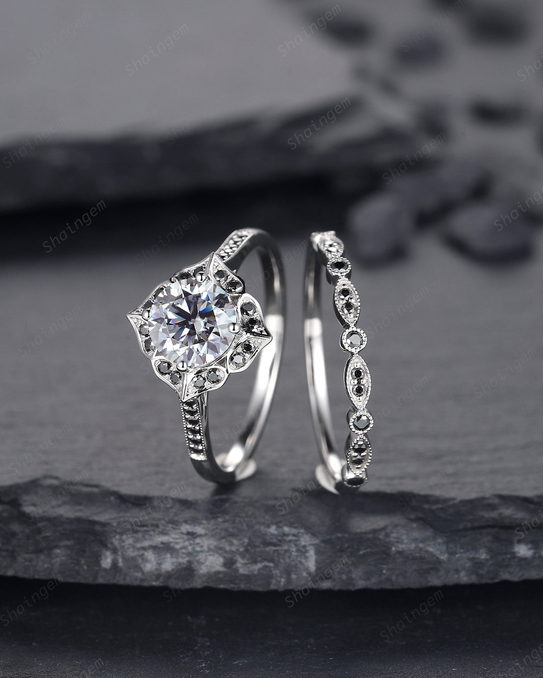 Vintage Round Cut Gray Moissanite Engagement Ring Set, Vintage White Gold Black Moissanite Halo Promise Wedding Ring Bridal Set, Floral Ring - ShainJewelry
