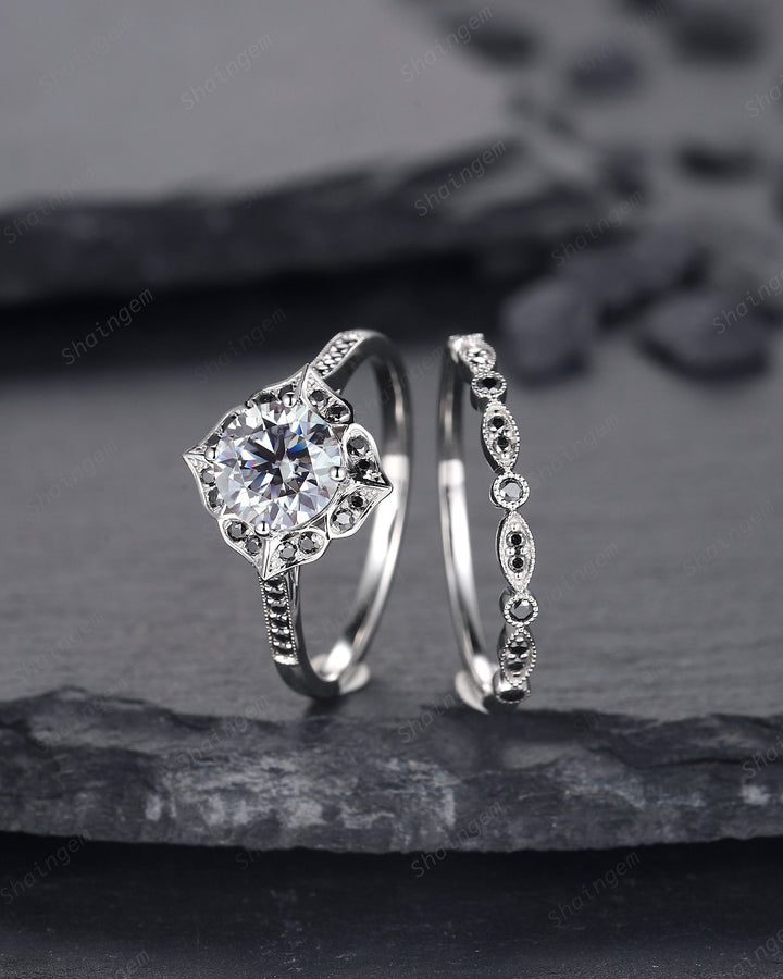 Vintage Round Cut Gray Moissanite Engagement Ring Set, Vintage White Gold Black Moissanite Halo Promise Wedding Ring Bridal Set, Floral Ring - ShainJewelry