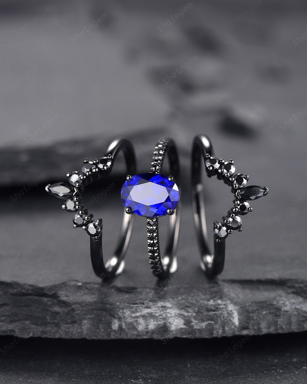 3PCS Oval Blue Sapphire Engagement Ring Set, Black Gold Finish Sapphire Halo Promise Ring Vintage Black Moissanite Wedding Ring , Bridal Set - ShainJewelry