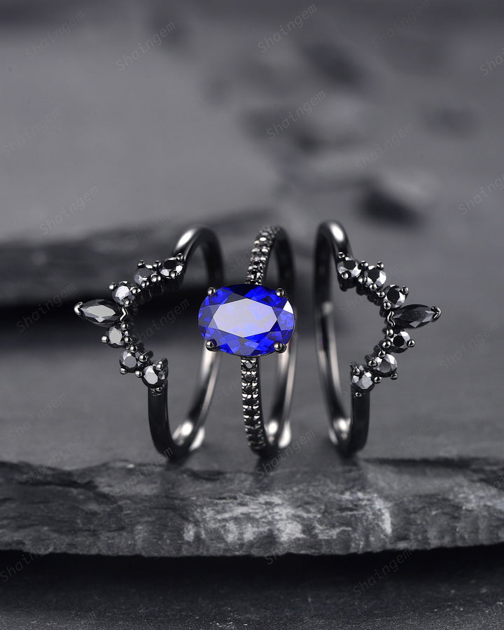 3PCS Oval Blue Sapphire Engagement Ring Set, Black Gold Finish Sapphire Halo Promise Ring Vintage Black Moissanite Wedding Ring , Bridal Set - ShainJewelry