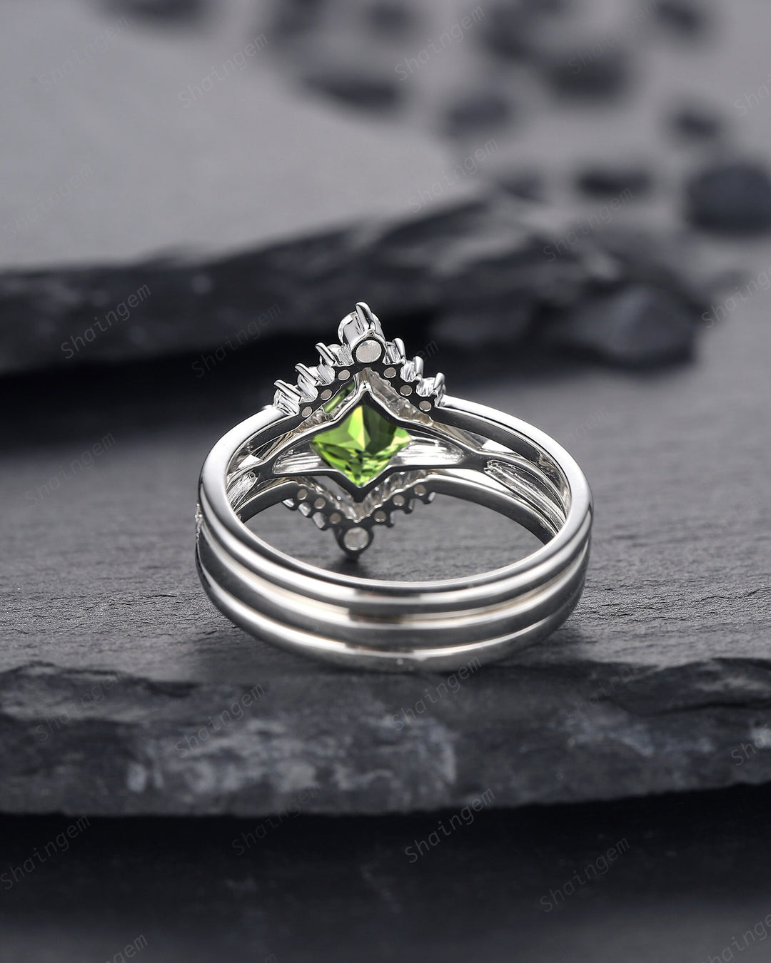 3PCS Princess Cut Peridot Engagement Ring Set, Art Deco Peridot Wedding Set, 14K 18K White Gold Promise Ring Gift Vintage Peridot Bridal Set - ShainJewelry