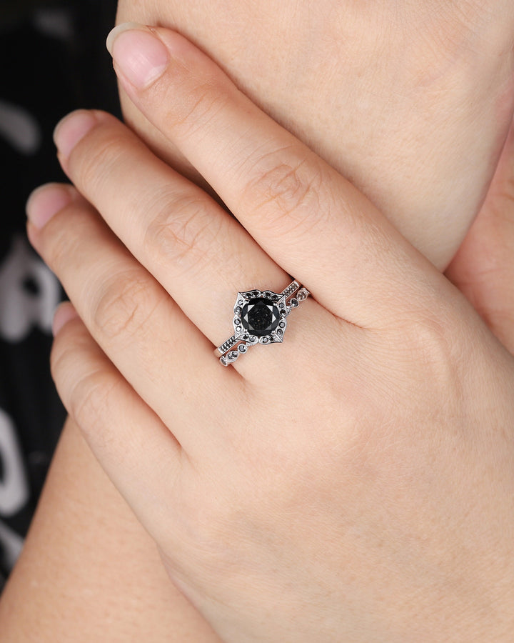 1.5 CT Round Natural Black Diamond Engagement Ring, Unique 18K White Gold Black Diamond Promise Ring Set Halo Wedding Anniversary Ring Women - ShainJewelry