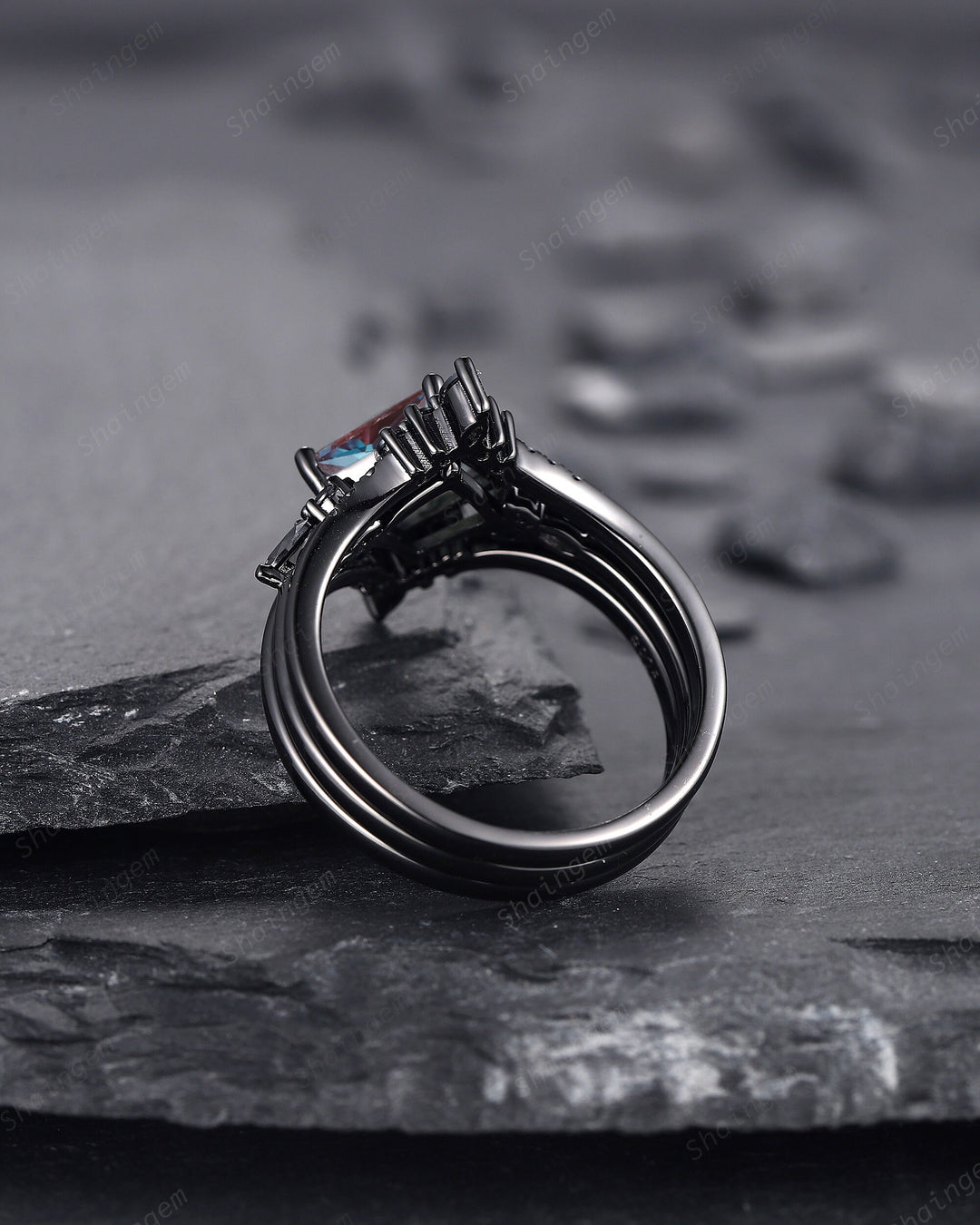 3PCS Vintage Princess Cut Alexandrite Black Engagement Ring Set, Gothic Black Rhodium Alexandrite Bridal Wedding Set, Black Promise Ring - ShainJewelry