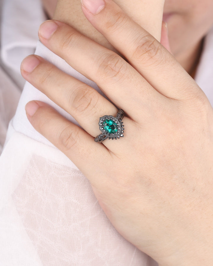 Black Gold Oval Shape Emerald Engagement Ring Set, Vintage Rhodium Black Floral Halo Promise Ring, Black Wedding Ring Gift Gothic Bridal Set - ShainJewelry