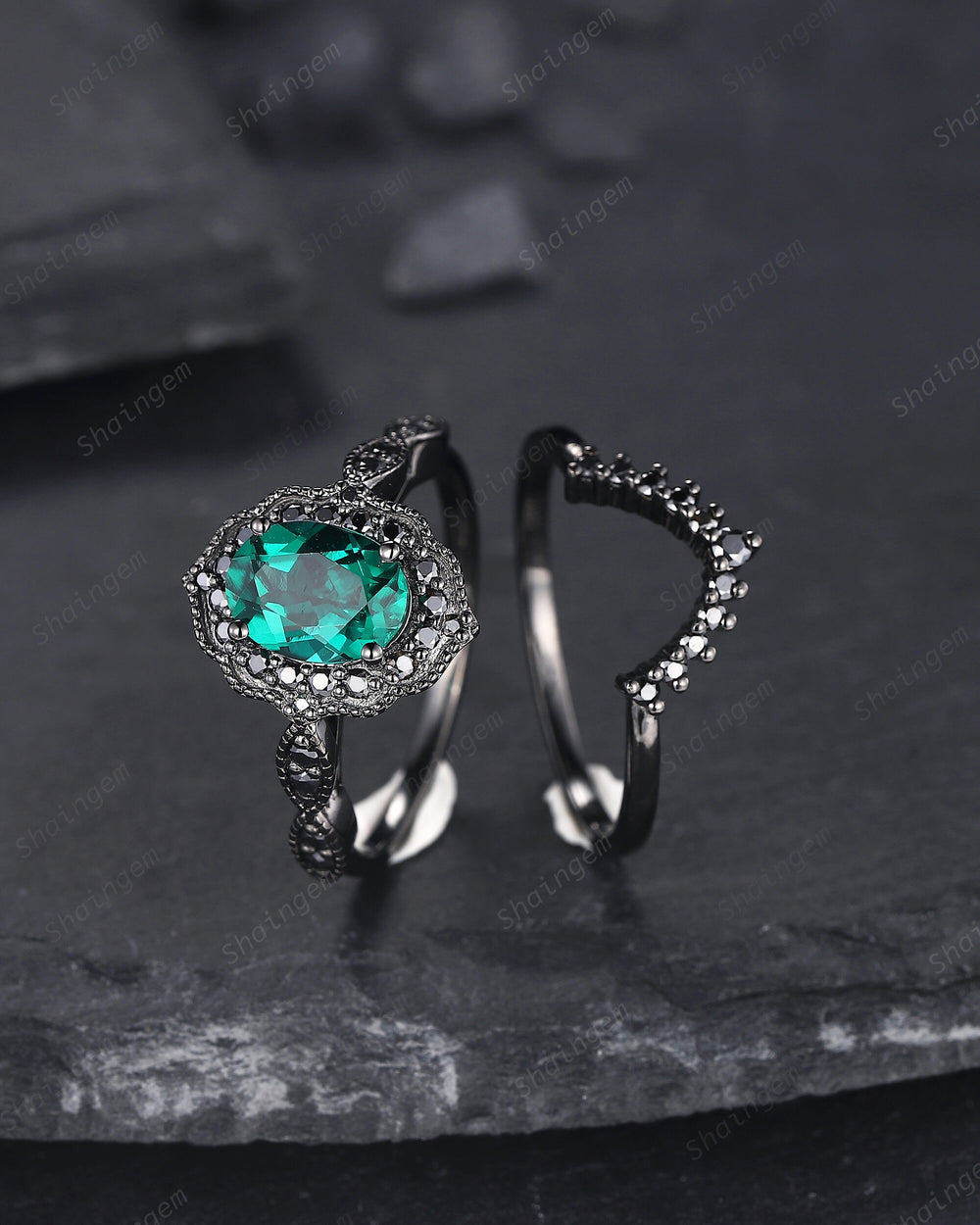 Black Gold Oval Shape Emerald Engagement Ring Set, Vintage Rhodium Black Floral Halo Promise Ring, Black Wedding Ring Gift Gothic Bridal Set - ShainJewelry