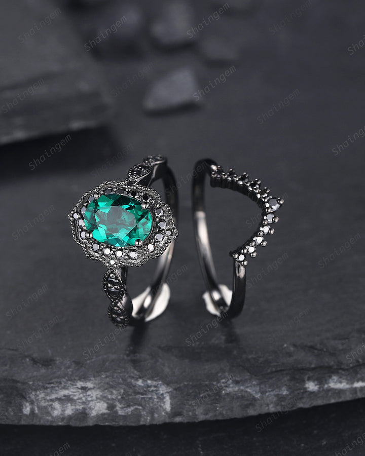 Black Gold Oval Shape Emerald Engagement Ring Set, Vintage Rhodium Black Floral Halo Promise Ring, Black Wedding Ring Gift Gothic Bridal Set - ShainJewelry