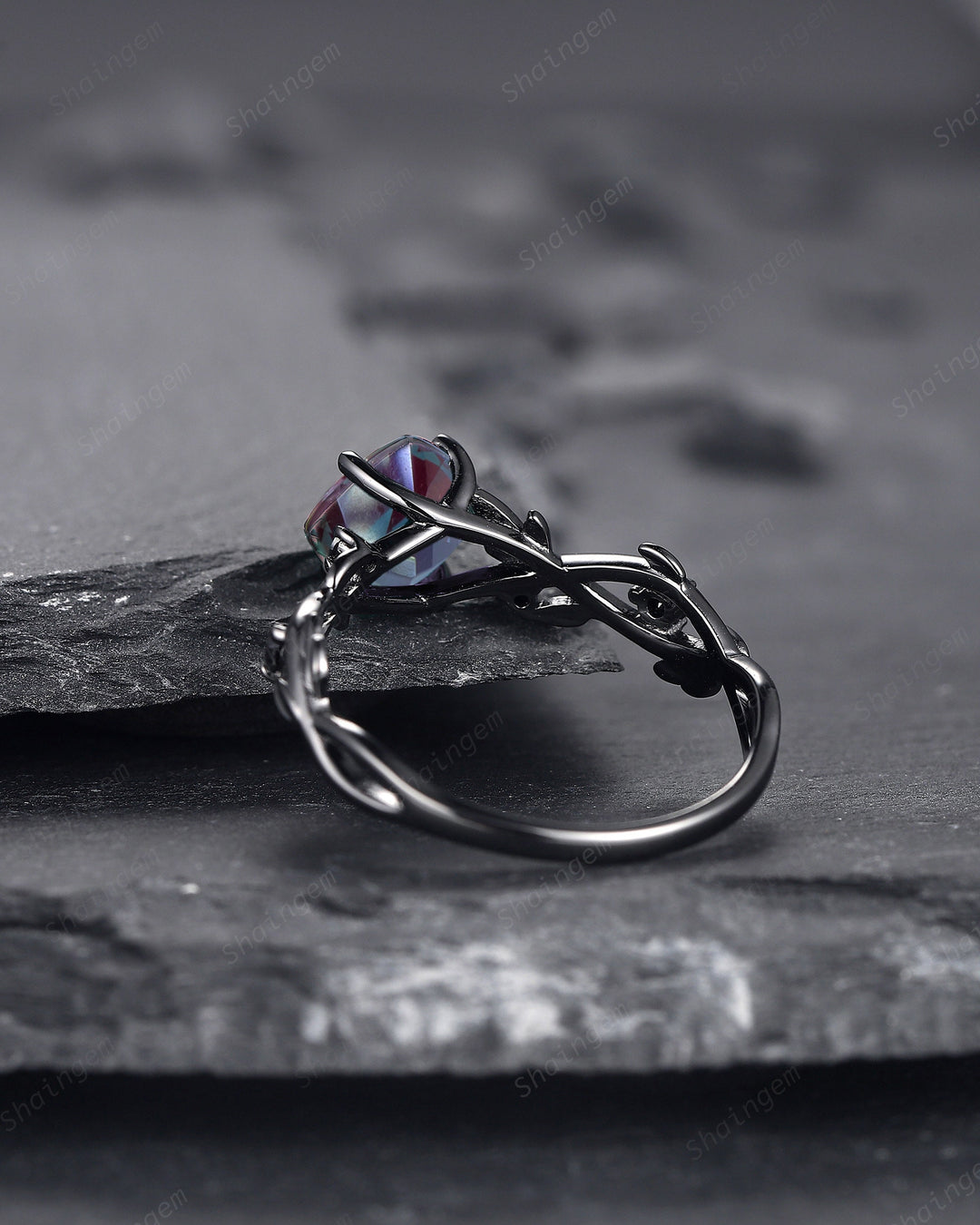 Black Gold Cushion Cut Alexandrite Engagement Ring, Rhodium Black Leaf Bridal Ring, Black Promise Ring, Gothic Black Twig Wedding Ring Gift - ShainJewelry