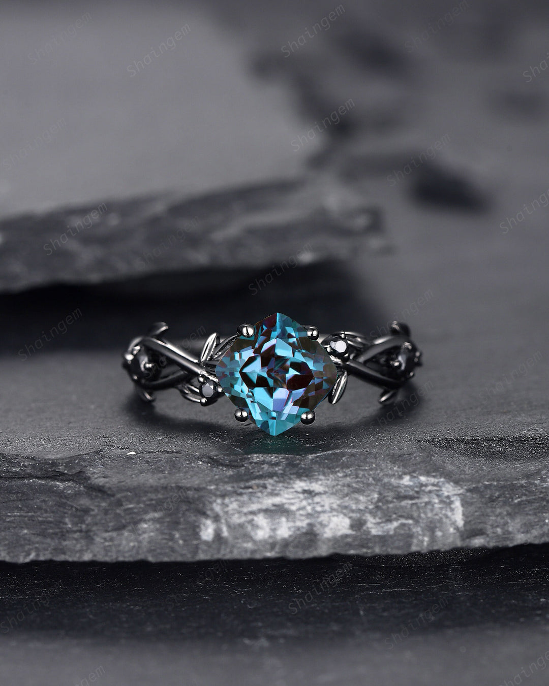 Black Gold Cushion Cut Alexandrite Engagement Ring, Rhodium Black Leaf Bridal Ring, Black Promise Ring, Gothic Black Twig Wedding Ring Gift - ShainJewelry