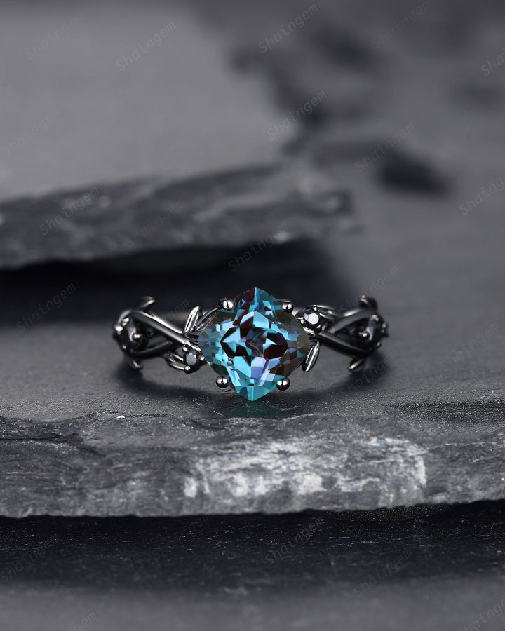 Black Gold Cushion Cut Alexandrite Engagement Ring, Rhodium Black Leaf Bridal Ring, Black Promise Ring, Gothic Black Twig Wedding Ring Gift - ShainJewelry