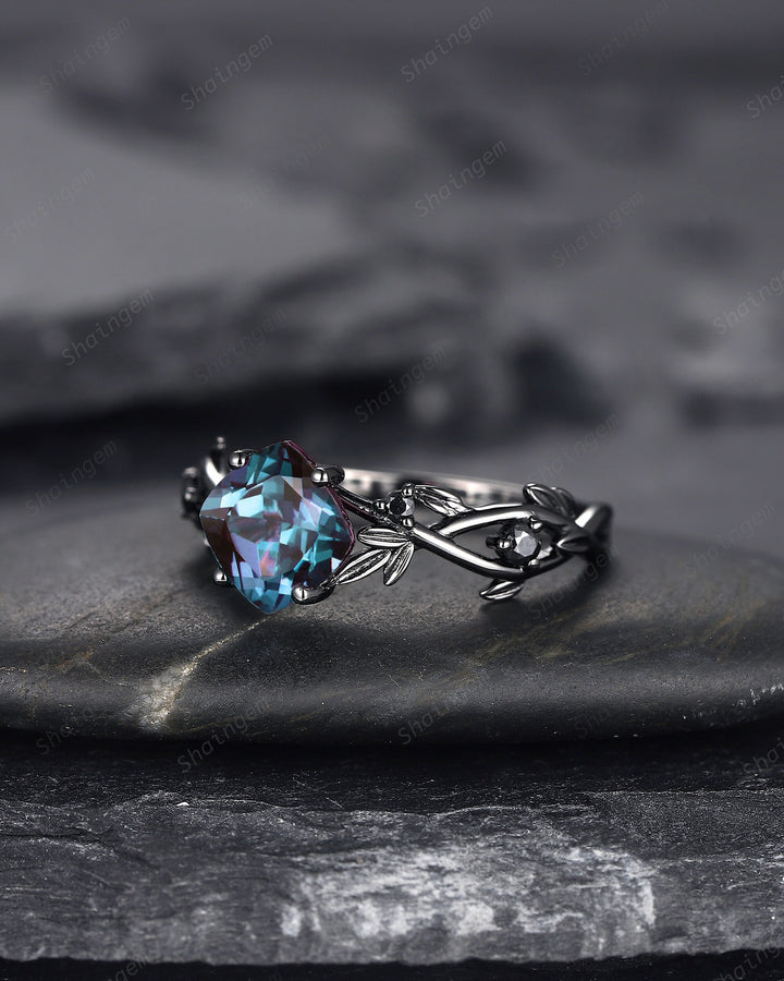 Black Gold Cushion Cut Alexandrite Engagement Ring, Rhodium Black Leaf Bridal Ring, Black Promise Ring, Gothic Black Twig Wedding Ring Gift - ShainJewelry