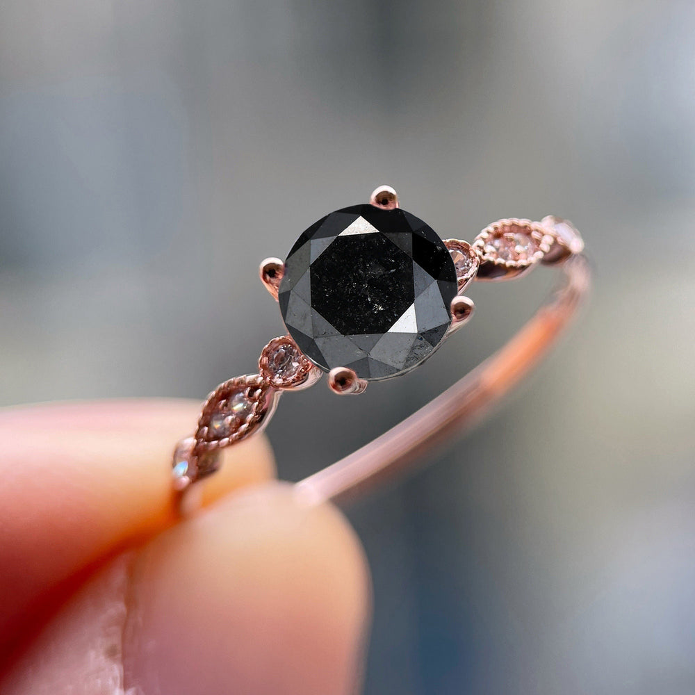 1.5 CT Natural Black Diamond Engagement Ring, Round Shape Diamond Promise Ring Diamond Wedding Ring 18K Rose Gold Anniversary Ring for Women - ShainJewelry