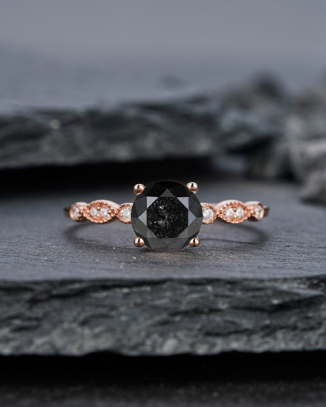 1.5 CT Natural Black Diamond Engagement Ring, Round Shape Diamond Promise Ring Diamond Wedding Ring 18K Rose Gold Anniversary Ring for Women - ShainJewelry