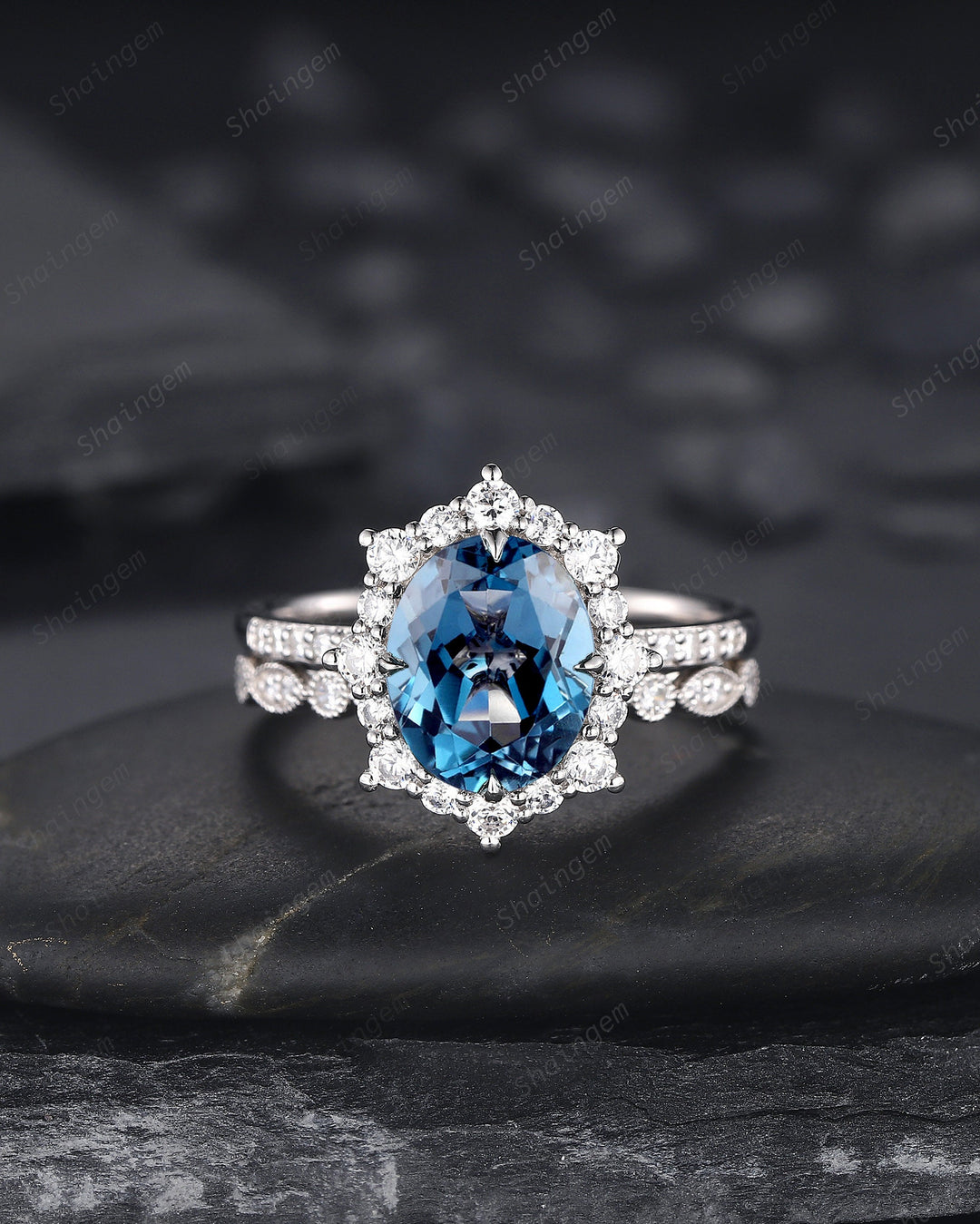 3.5 CT Oval Shape London Blue Topaz Engagement Ring Set, 14K 18K White Gold Topaz Halo Promise Wedding Ring Bridal Set, Floral Wedding set - ShainJewelry