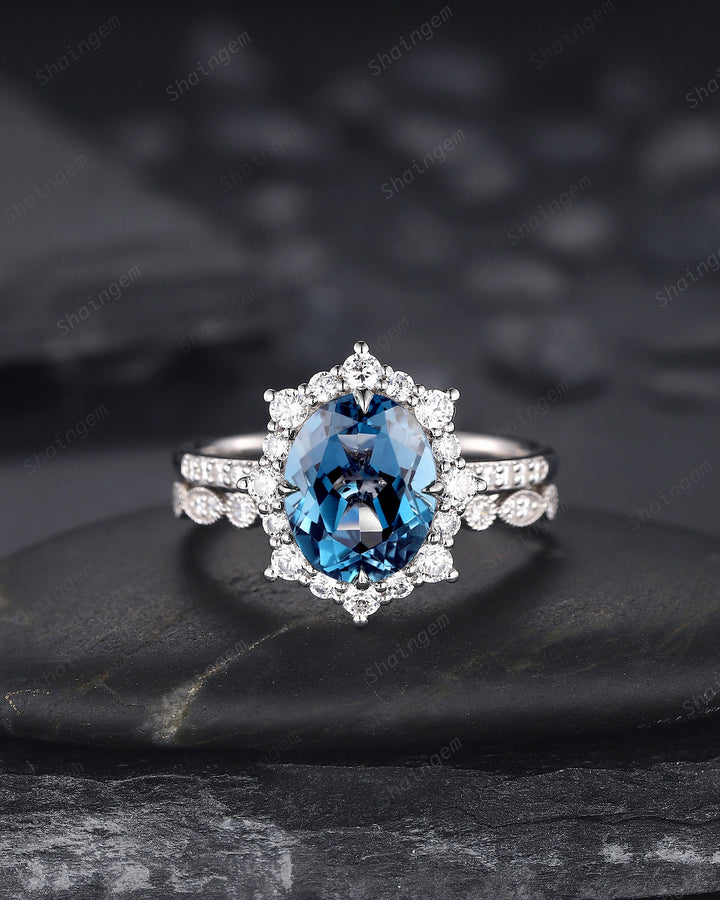 3.5 CT Oval Shape London Blue Topaz Engagement Ring Set, 14K 18K White Gold Topaz Halo Promise Wedding Ring Bridal Set, Floral Wedding set - ShainJewelry