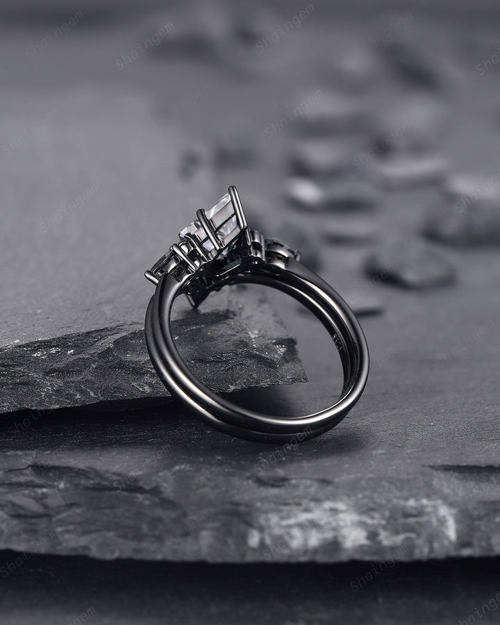 Black Gold Kite Cut Gray Moissanite Engagement Ring Set, Witchy Black Promise Ring, Black Wedding Ring Set, Goth Black Bridal Set for Women - ShainJewelry