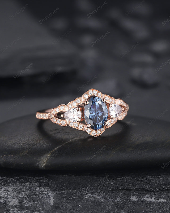 Vintage Oval Shape Blue Moissanite Halo Engagement Ring, Unique 14K Rose Gold Cluster Moissanite Wedding Ring, Blue Moissanite Promise Ring - ShainJewelry