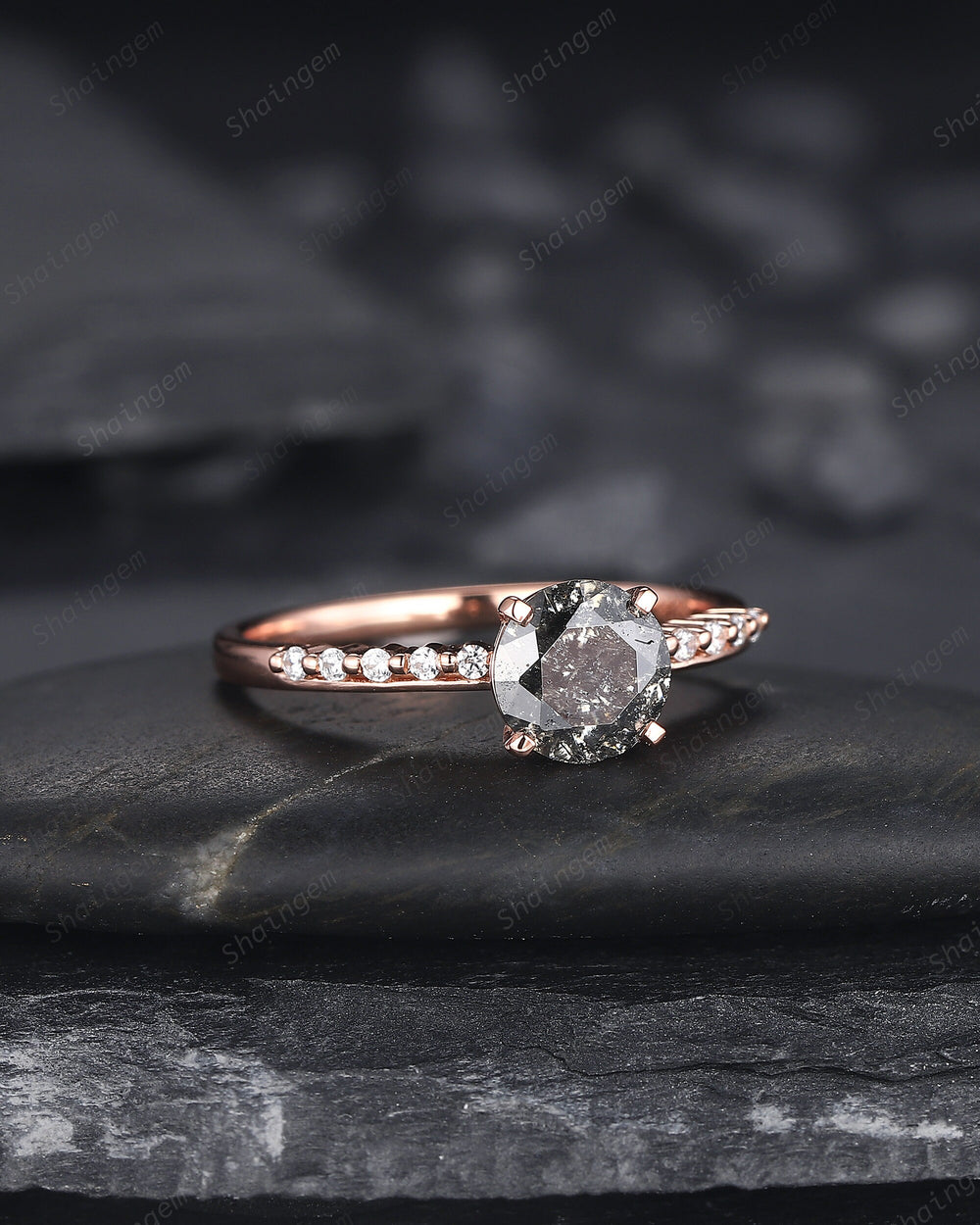1 Carat Salt and Pepper Diamond Engagement Ring, Vintage 14K Rose Gold Round Shape Black Diamond Wedding Ring, Half Eternity Promise Ring - ShainJewelry
