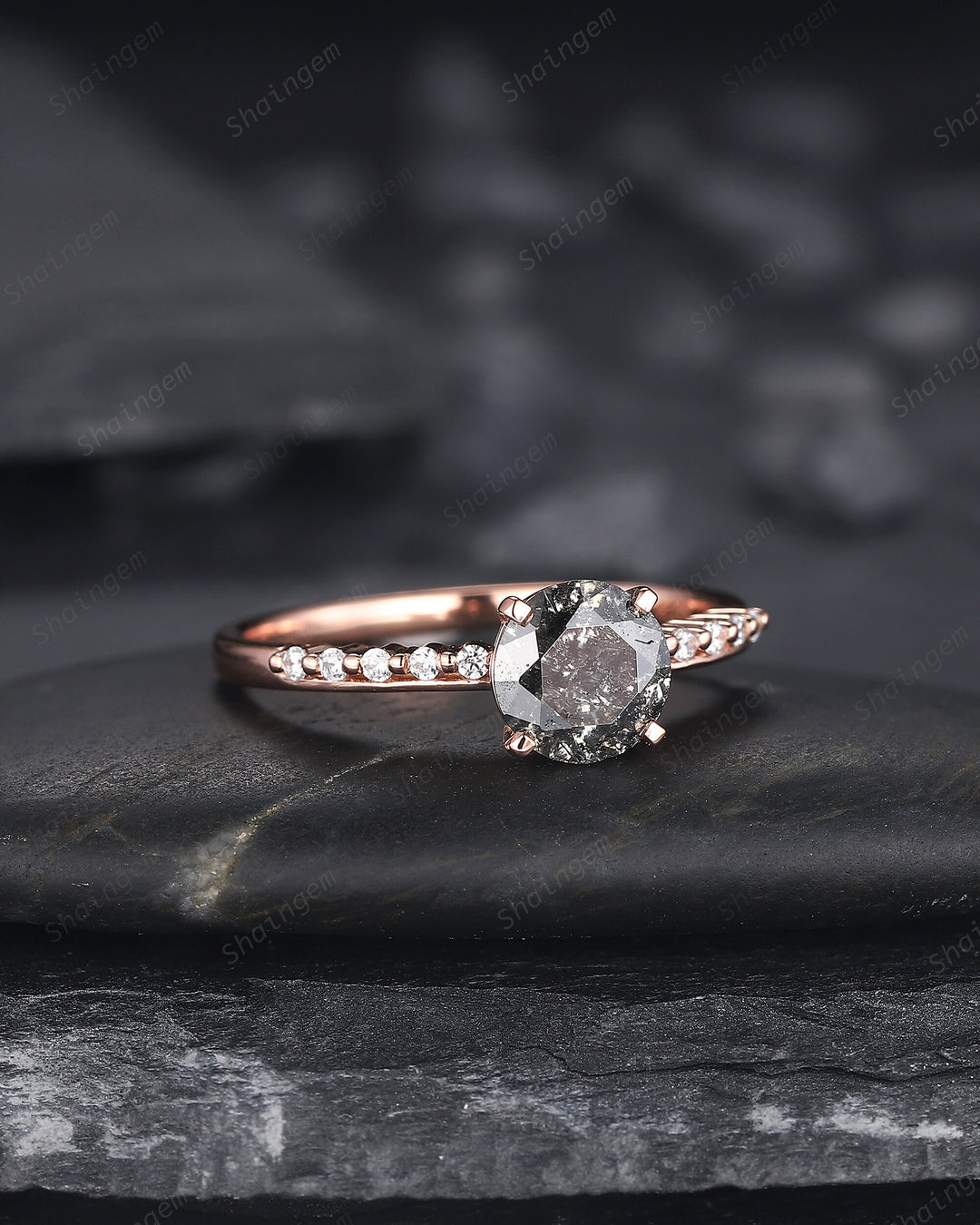 1 Carat Salt and Pepper Diamond Engagement Ring, Vintage 14K Rose Gold Round Shape Black Diamond Wedding Ring, Half Eternity Promise Ring - ShainJewelry