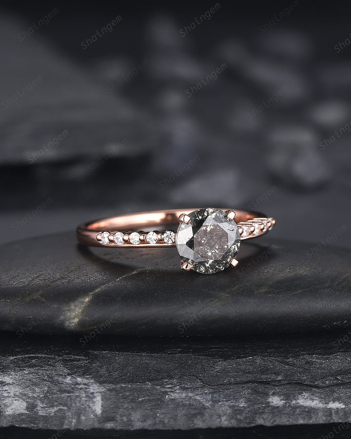1 Carat Salt and Pepper Diamond Engagement Ring, Vintage 14K Rose Gold Round Shape Black Diamond Wedding Ring, Half Eternity Promise Ring - ShainJewelry