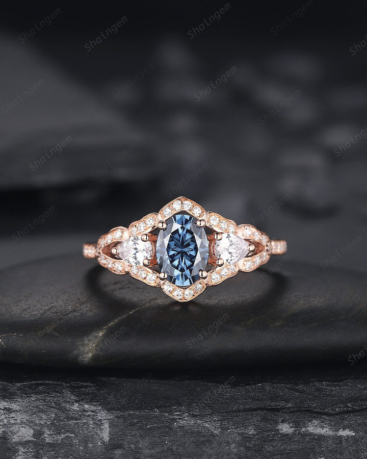 Vintage Oval Shape Blue Moissanite Halo Engagement Ring, Unique 14K Rose Gold Cluster Moissanite Wedding Ring, Blue Moissanite Promise Ring - ShainJewelry