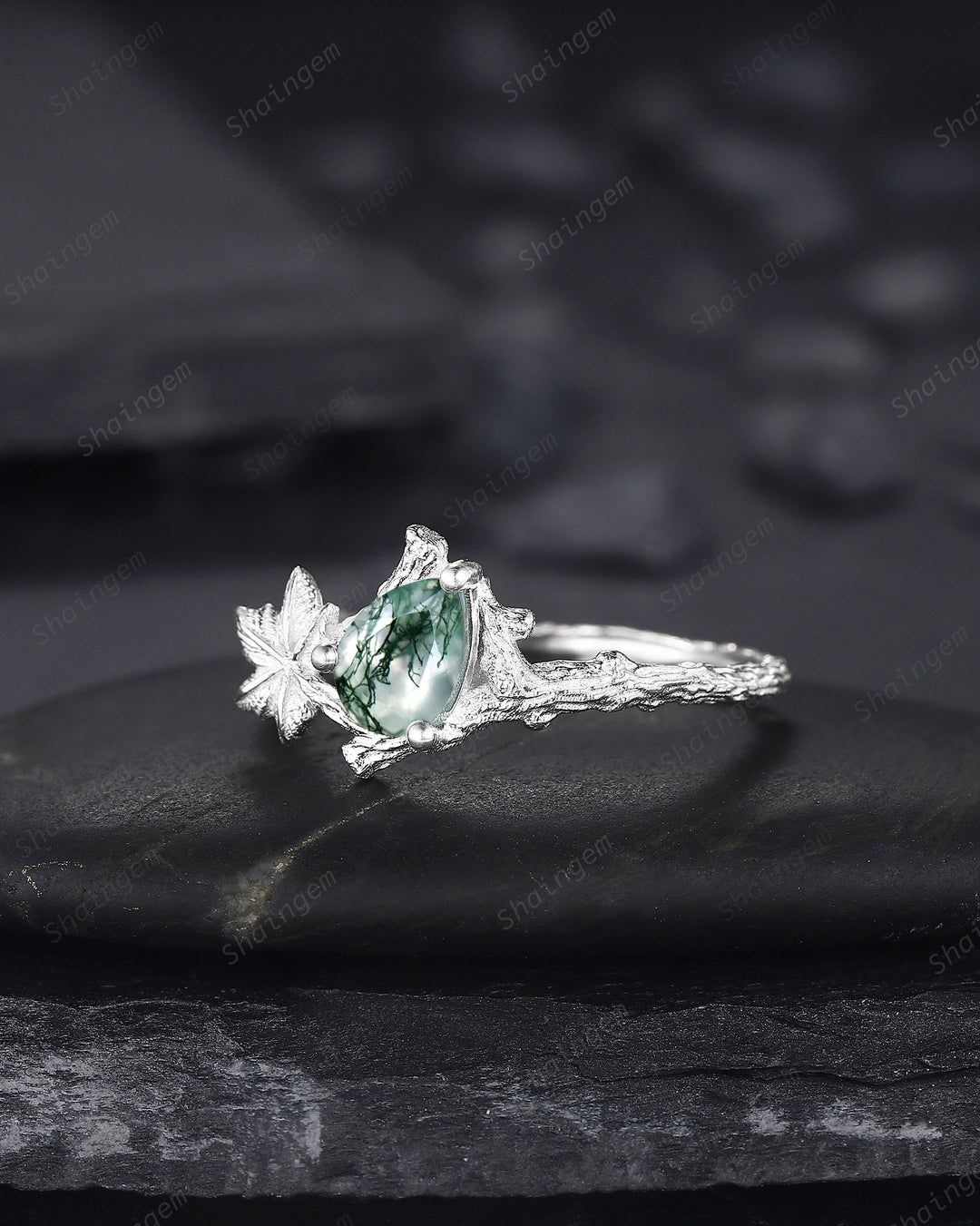 Maple Leaf Pear Shape Moss Agate Engagement Ring, 14K White Gold Solitaire Moss Agate Vine Ring, Twig Branch Wedding Ring Promise Ring Gift - ShainJewelry