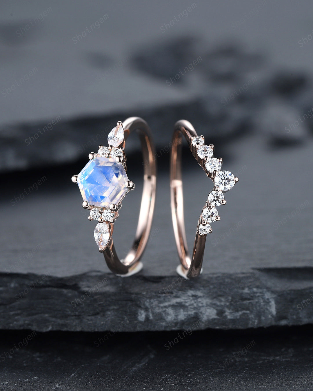 Unique Hexagon Natural Moonstone Engagement Ring Set, Vintage Blue Moonstone Wedding Ring, 14K Rose Gold Promise Ring, Art Deco Bridal Ring - ShainJewelry